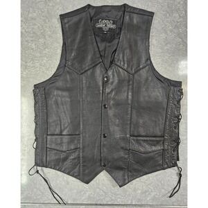 Vintage Leather Gallery Black Leather Motorcycle Vest Size 44 Lace Sides Snaps